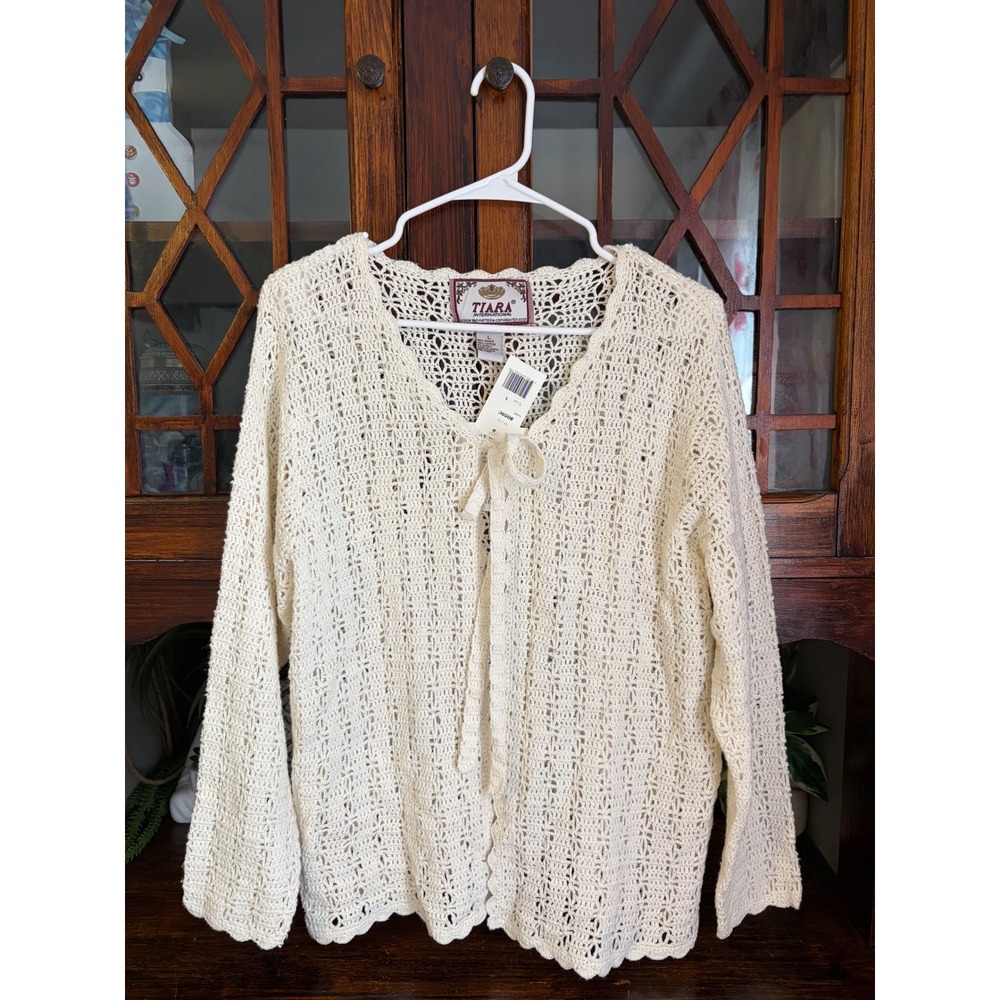 Tiara International Ivory Crochet Knit Tie Front Cardigan Sweater Vintage Large